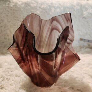 Signed Murano Handkerchief Vase Purple & White Swirl Art Glass MCM Cottage Boho